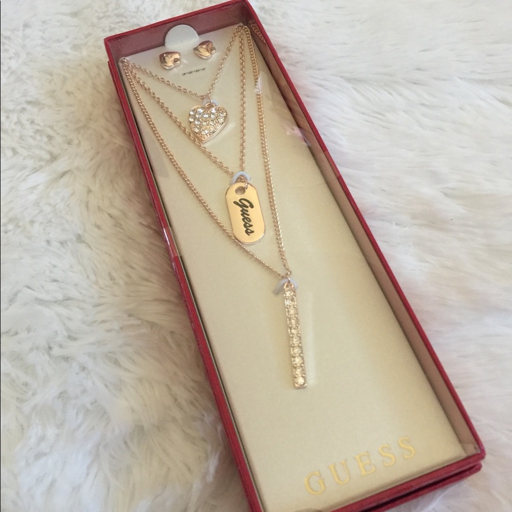 GUESS Rose Gold Multi Chain Necklace & Earrings